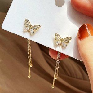 New 18k Gold White Sapphire Butterfly Earrings